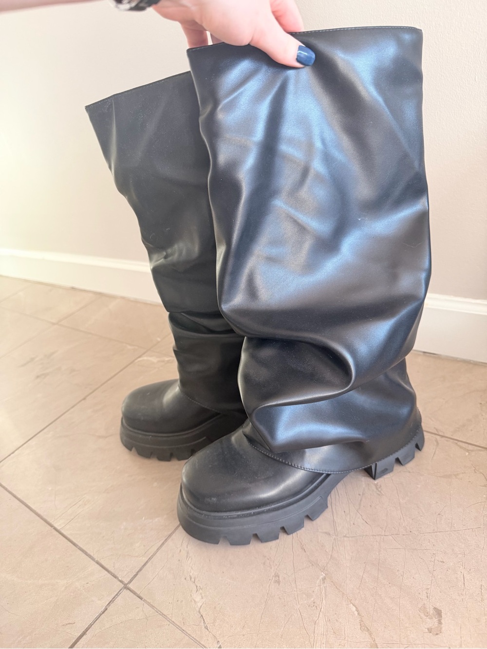 Black Slouchy Platform Knee-High Boots